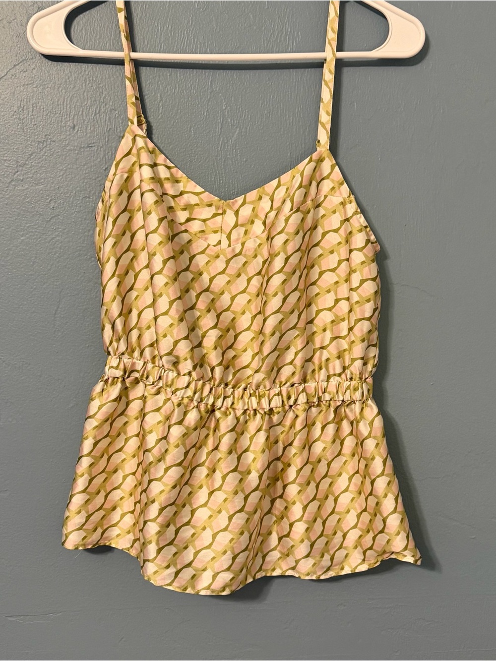Lightweight Pink & Olive Printed Spaghetti-Strap Peplum Top